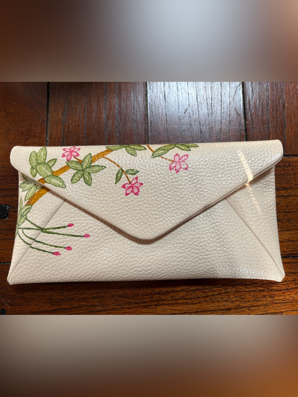 Cream Floral Design Envelope Clutch Leather Wallet